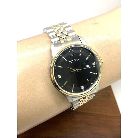 Bulova Mens Watch 98D163 Black Dial Diamond Accent Quartz Two Tone Steel - Picture 11 of 14